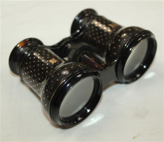 A pair of Victorian tortoiseshell pique opera glasses, case 5in.